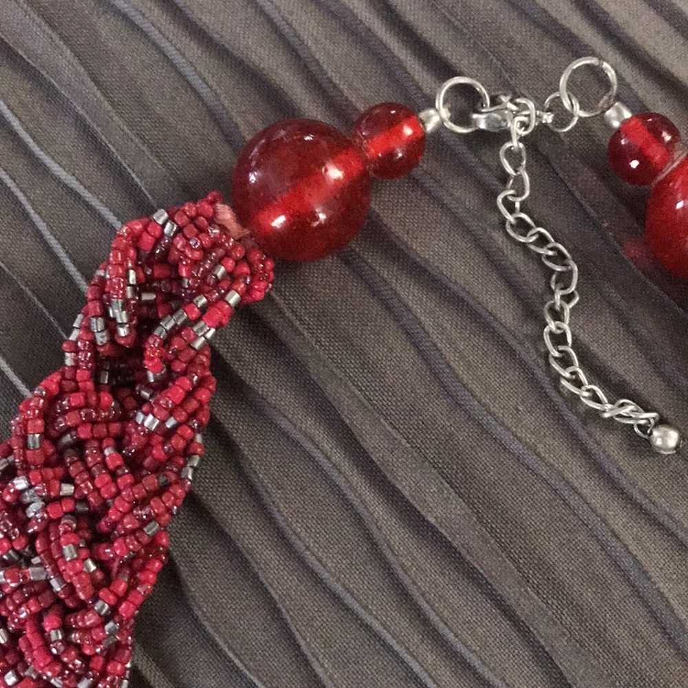 Red Beaded Braid Statement Necklace Silver Tone 1… - image 2